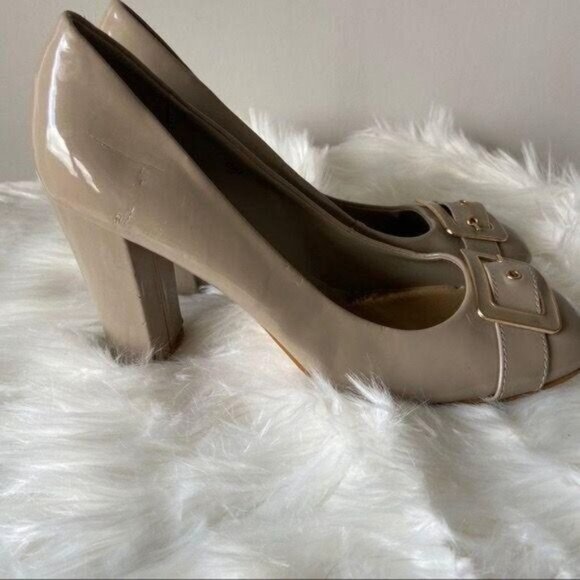 Dexter Classic Patent Taupe Pumps Chunky Block‎ Heels Accent Buckle Dress shoes - Picture 7 of 11